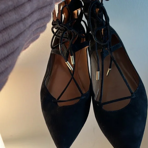 Aquazzura Belgravia LaceUp Pointed Toe Ballet Flats Black Cutout Suede Size 7.5 - Picture 2 of 7